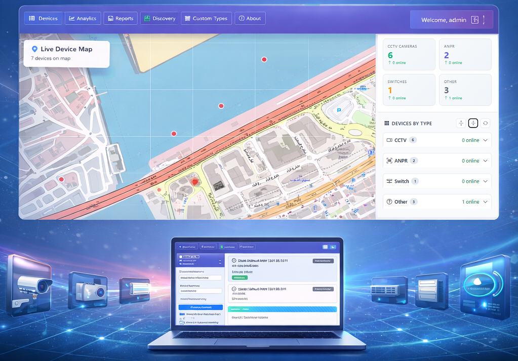Infusionics NMS Dashboard showing real-time device status and GIS map